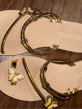 Gold Butterfly Strap Sandals in Beige